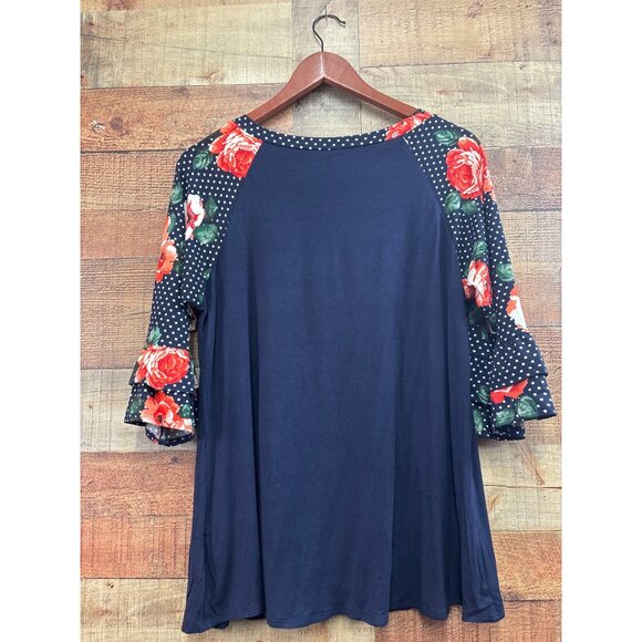 Cool Melon Navy Floral & Polka Dot Bell Sleeve Top Womens - Picture 4 of 6